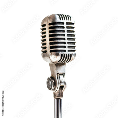 Antique microphone on a transparent background showcasing vintage design and craftsmanship, Antique Microphone in Focus, transparent background. photo