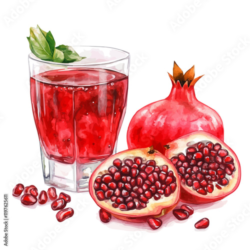A watercolor illustration of pear pomegranate juice, isolated on a white background. Juice vector.
