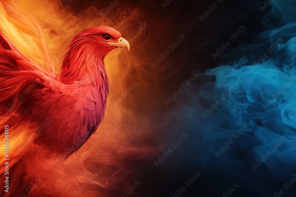 Fototapeta premium goal of life concept A vibrant phoenix emerges from colorful smoke, symbolizing rebirth and transformation in a dynamic blend of red and blue tones.
