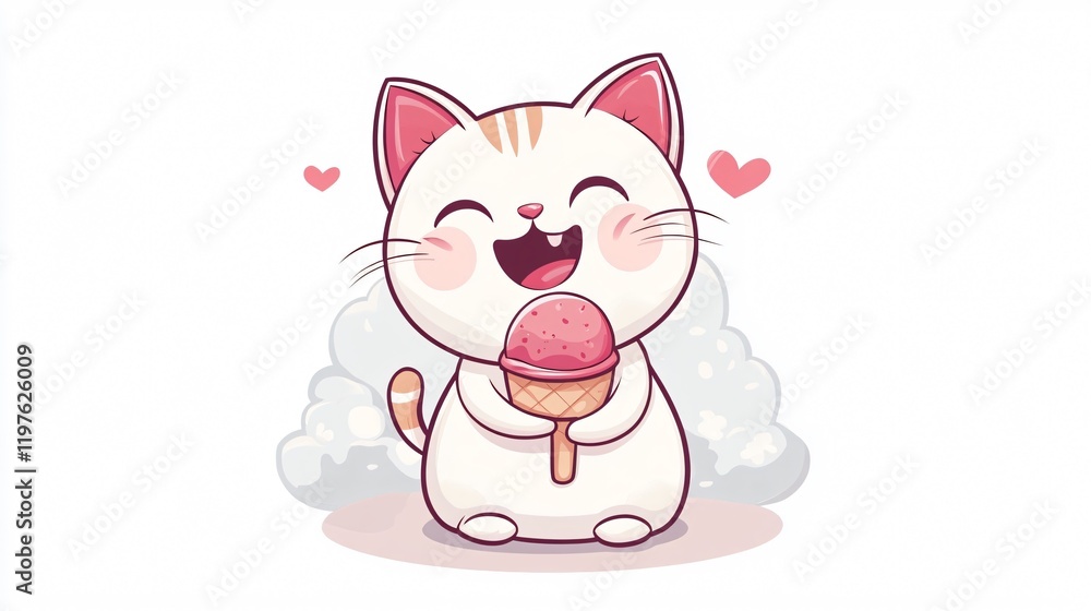 Adorable Cat Enjoying Ice Cream in Cloudy Environment - Wide Angle Centered View Adorable Cat Enjoying Ice Cream in Cloudy Environment - Wide Angle Centered View