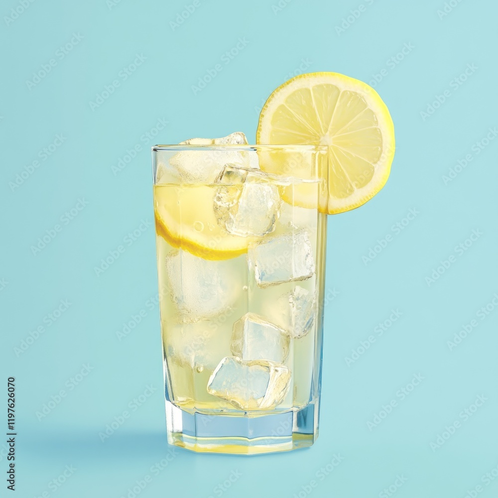 Refreshing iced lemon drink in a glass with ice cubes and lemon slices on a light blue background. Refreshing iced lemon drink in a glass with ice cubes and lemon slices on a light blue background.