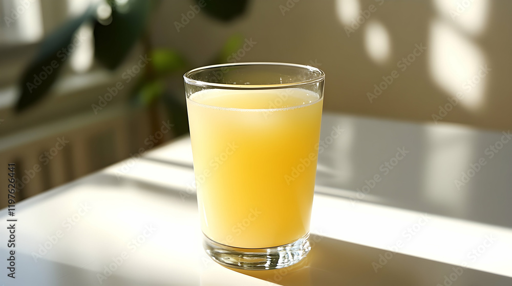 A crystal-clear glass of fresh pear juice with a pale yellow hue, placed on a white tabletop with bright daylight