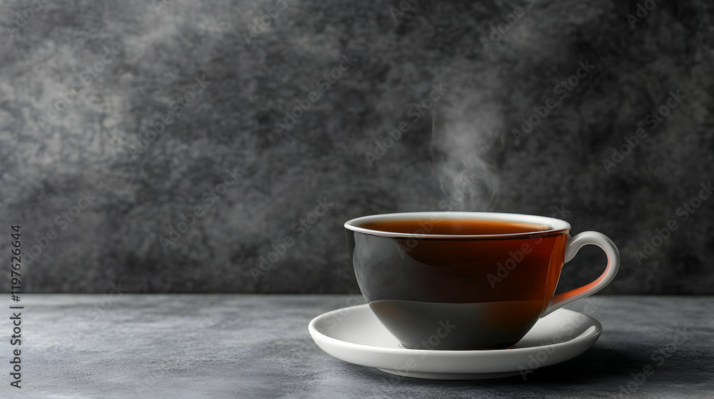 A cup of dark black tea with visible steam rising, placed on a plain white saucer against a neutral gray background A cup of dark black tea with visible steam rising, placed on a plain white saucer against a neutral gray background