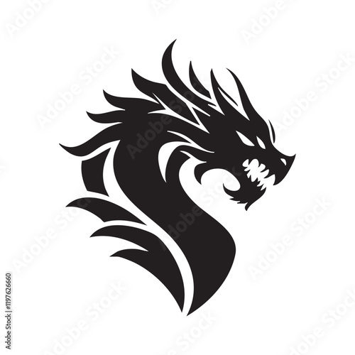 Stylized black dragon logo with fierce expression and flowing mane.
