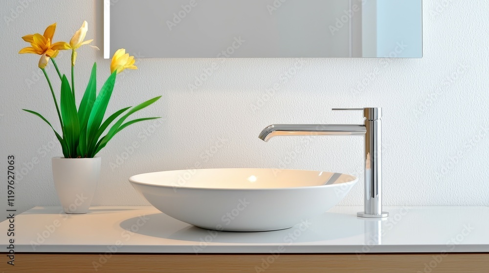 Fototapeta premium bathroom and cabinet concept. Modern bathroom sink with a stylish faucet and decorative plant arrangement.