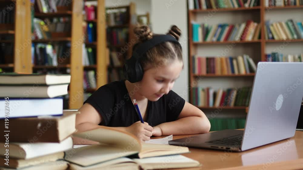 A focused schoolgirl writes notes and uses a laptop in the public library. She watches a webinar, participating in an online lesson. Concept of online learning, education, and personal development. A focused schoolgirl writes notes and uses a laptop in the public library. She watches a webinar, participating in an online lesson. Concept of online learning, education, and personal development.