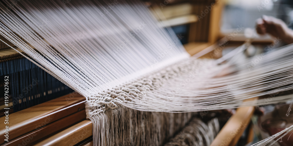 Close-up of Traditional Loom with Threads. Detailed view of a traditional weaving loom with threads in various stages of weaving, highlighting the intricate process of textile creation. Close-up of Traditional Loom with Threads. Detailed view of a traditional weaving loom with threads in various stages of weaving, highlighting the intricate process of textile creation.