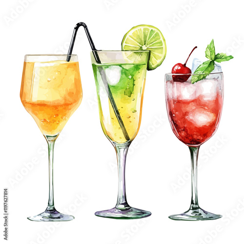 A watercolor of various specialty drinks, isolated on a white background. Specialty drinks vector.
