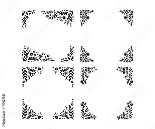 Floral Handdrawn Corner Frame Set in Retro Curl Style. Beautiful Flora Filigree Wall Art Decor. Vector Nature Illustration Isolated on White Background. Linocut Floral Ornament. Print Decoration