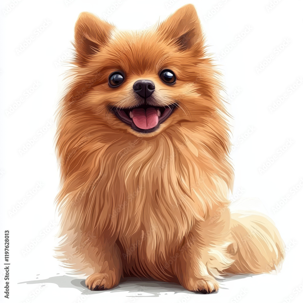 Obraz premium Happy Pomeranian dog with fluffy fur, sitting and smiling joyfully