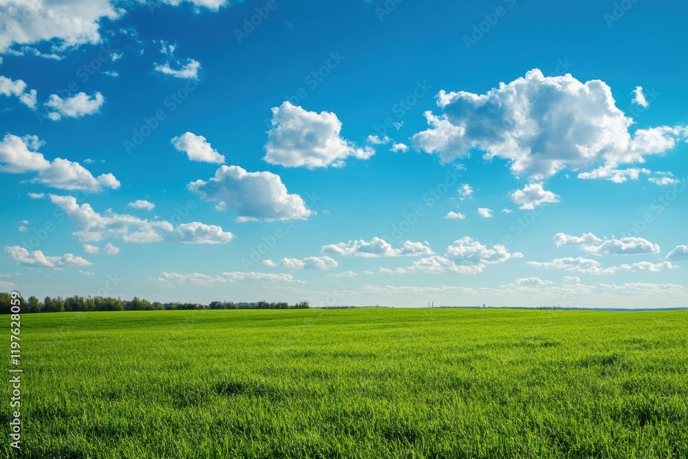 Obraz premium Expansive green field under a bright blue sky with fluffy clouds creating a serene outdoor atmosphere. Generative AI