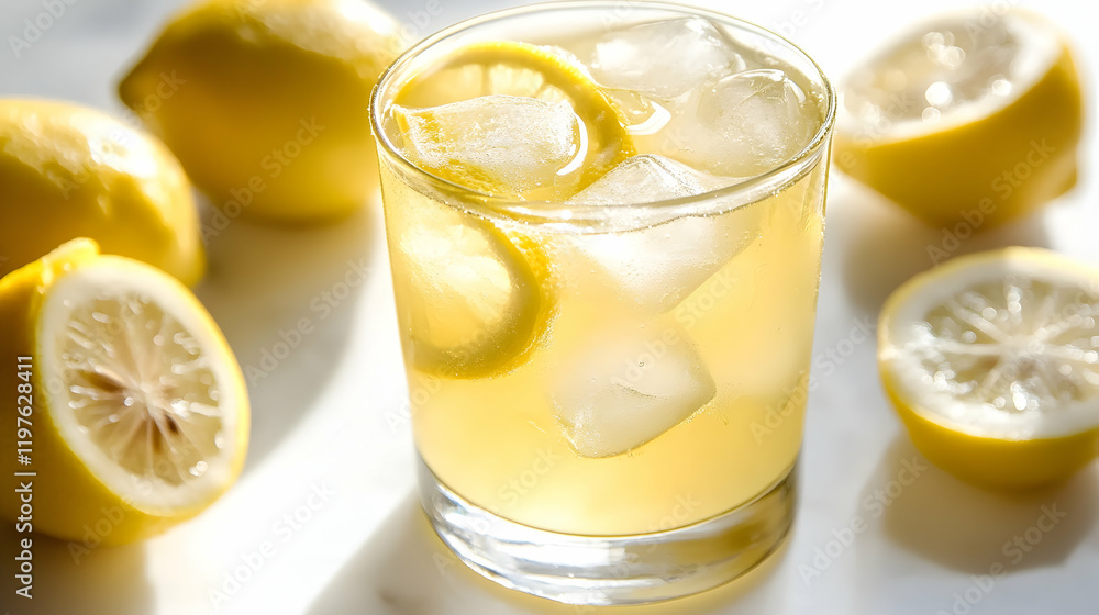 A frosty glass of lemon iced tea with visible ice cubes, no garnish, placed on a white marble surface with natural lighting A frosty glass of lemon iced tea with visible ice cubes, no garnish, placed on a white marble surface with natural lighting