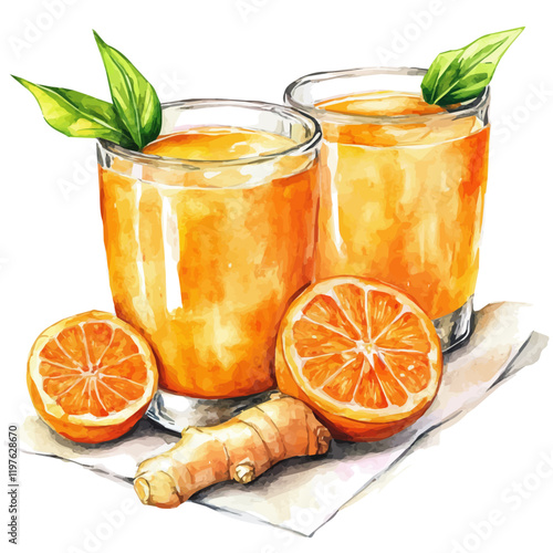 A watercolor vector of orange ginger juice, isolated on a white background. Juice vector.
