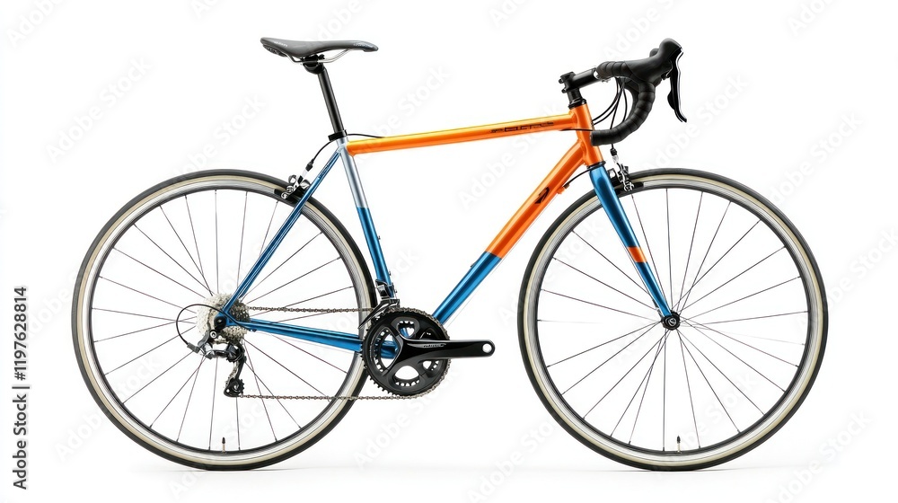 Obraz premium Sleek orange and blue road bicycle with thin tires and drop handlebars, isolated on white background.