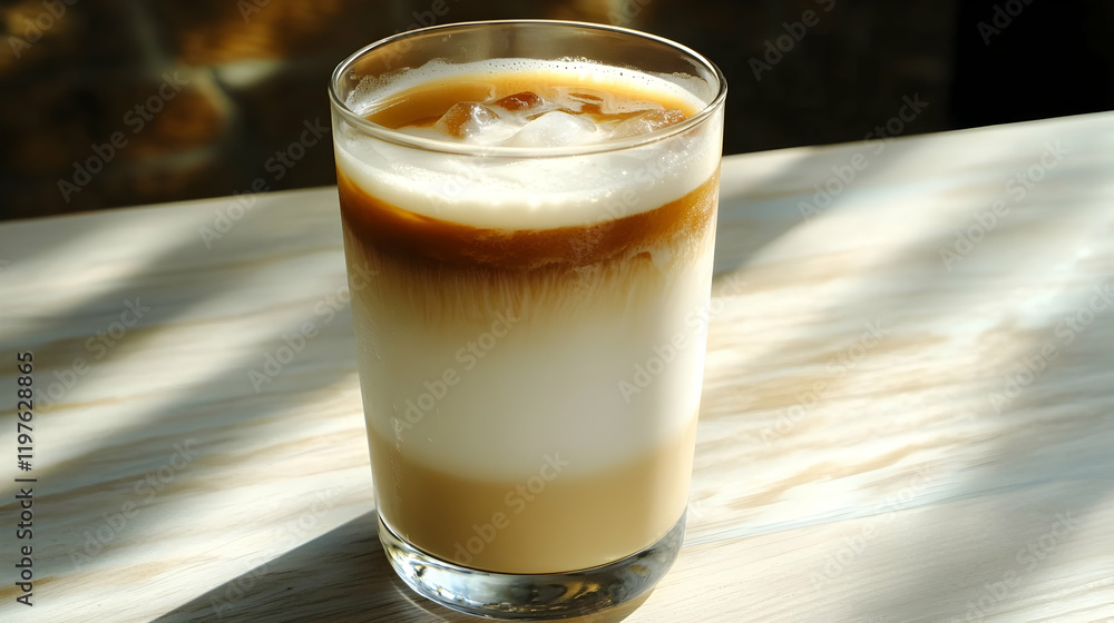 A frothy glass of iced chai latte with visible layers of milk and tea, placed on a clean wooden tabletop with bright daylight A frothy glass of iced chai latte with visible layers of milk and tea, placed on a clean wooden tabletop with bright daylight