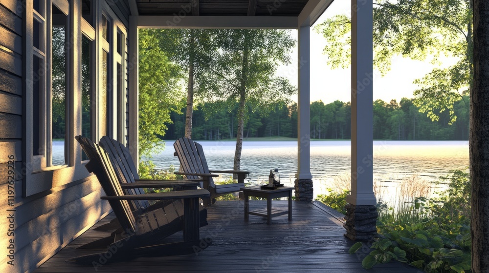 Lakehouse front porch with Adirondack chairs, water views and small coffee table, generative ai Lakehouse front porch with Adirondack chairs, water views and small coffee table, generative ai