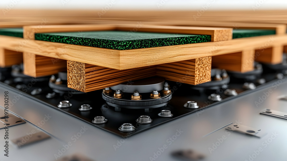 Exploded view of a roof structure showing wooden framework, insulation, and a green top layer on a white background. Concept of roofing layers. 3D Rendering Exploded view of a roof structure showing wooden framework, insulation, and a green top layer on a white background. Concept of roofing layers. 3D Rendering