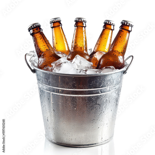 Chilled beer bottles in a metal bucket filled with ice against a transparent background perfect for parties, A bucket beer bottles with ice, transparent background.