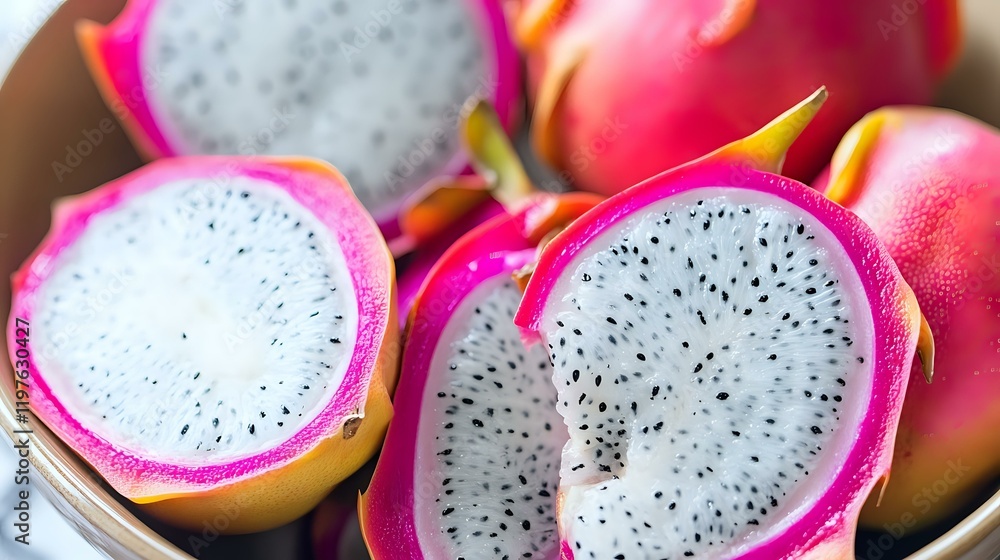 A close-up of halved dragon fruit and guava placed neatly in a bowl under natural lighting, highlighting their white and pink interiors A close-up of halved dragon fruit and guava placed neatly in a bowl under natural lighting, highlighting their white and pink interiors
