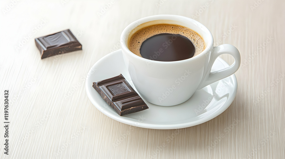 A hot espresso served in a white cup with a saucer, placed on a light wood table, accompanied by a small piece of dark chocolate A hot espresso served in a white cup with a saucer, placed on a light wood table, accompanied by a small piece of dark chocolate