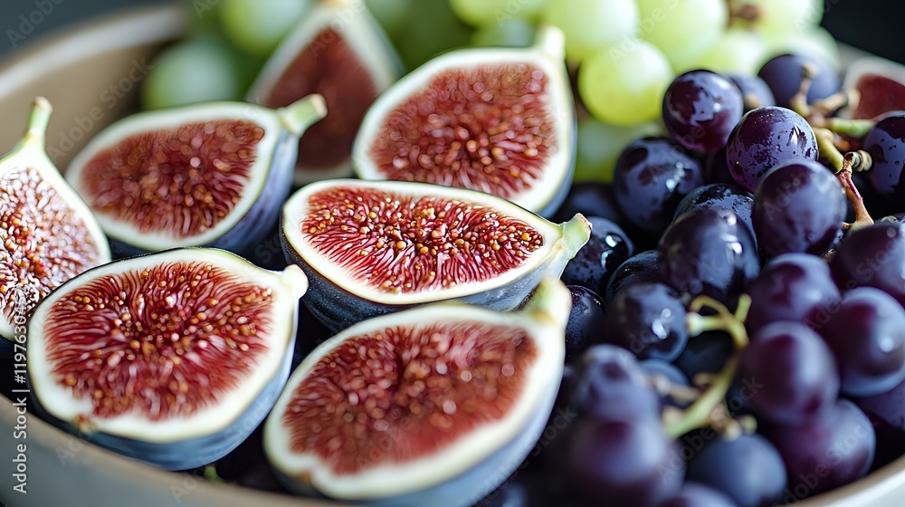 A close-up of halved figs and grapes placed neatly in a bowl under sufficient lighting, showcasing their deep purple and green hues A close-up of halved figs and grapes placed neatly in a bowl under sufficient lighting, showcasing their deep purple and green hues