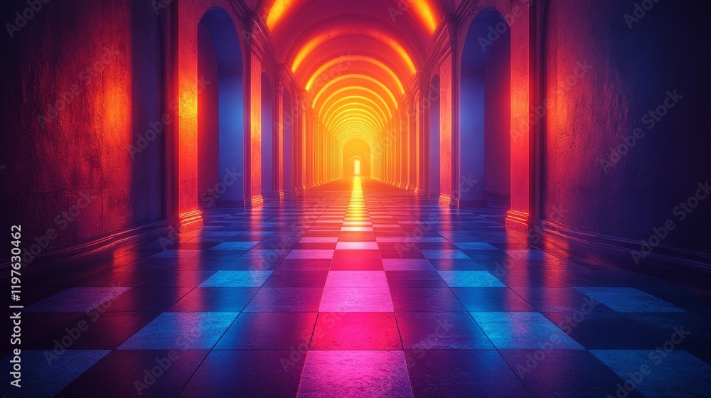 A long, narrow hallway with a checkered floor A long, narrow hallway with a checkered floor