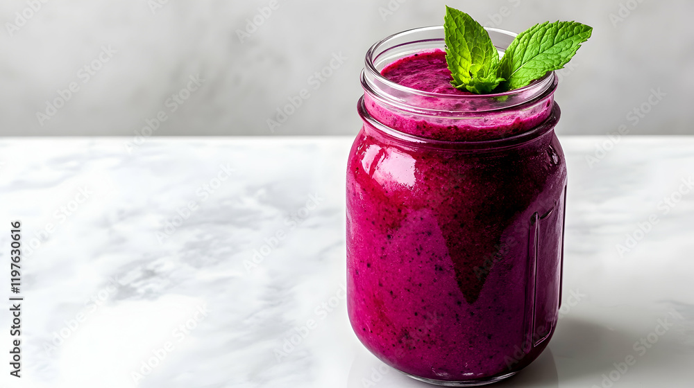 A mason jar of berry smoothie with vibrant purple hues, garnished with a single mint leaf, placed on a white marble surface, no other distractions A mason jar of berry smoothie with vibrant purple hues, garnished with a single mint leaf, placed on a white marble surface, no other distractions