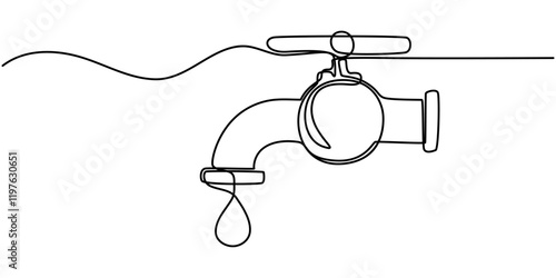 Water faucet with a drop of water one line drawn, Water Shortage Continuous Line Editable Stroke Line, Save water, World Water Day continuous single line art drawing and one line water drop outline.