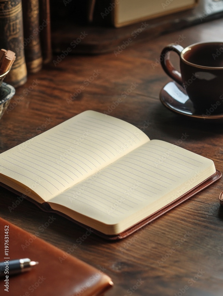 Open notebook on wooden table Open notebook on wooden table