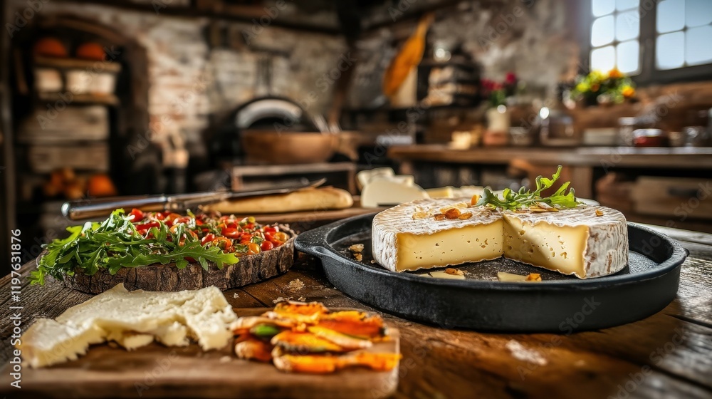 Obraz premium Rustic kitchen scene with cheese, arugula, and vegetables