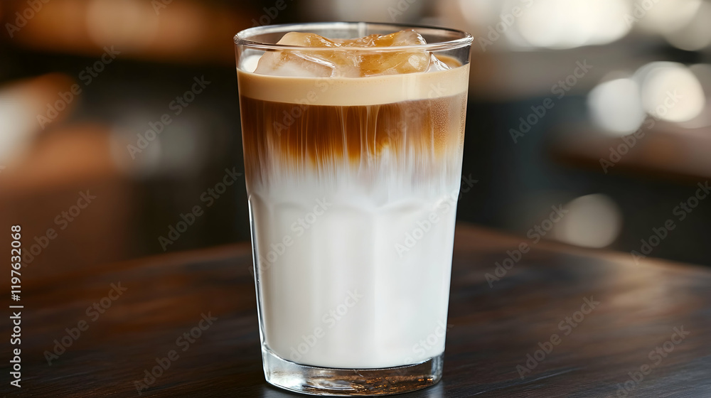 A perfectly layered iced latte in a clear glass, with milk and coffee distinctly separated, placed on a dark wood table with a blurred cafe background A perfectly layered iced latte in a clear glass, with milk and coffee distinctly separated, placed on a dark wood table with a blurred cafe background