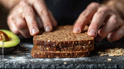 Nutritious whole grain bread with fresh avocado and greens for clean eating and vegetarian diets