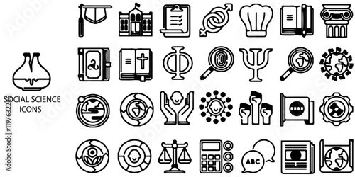 Social science  simple concept 28 icons set. Contains such Social care, education, social justice, critical thinking, human thinking .Vector illustration.