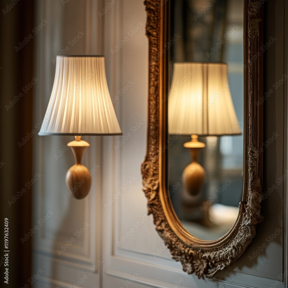 Elegant wooden wall lamp with pleated shade reflected in ornate mirror. Elegant wooden wall lamp with pleated shade reflected in ornate mirror.