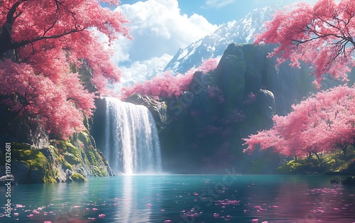 Spring Waterfall Landscape with Pink Blossoms1