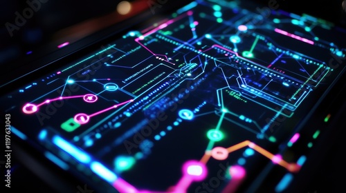 An intricately designed interface on a touchscreen showcasing visualizations of predictive analytics with vibrant colored lines tracing the optimization paths of a robotic assembly
