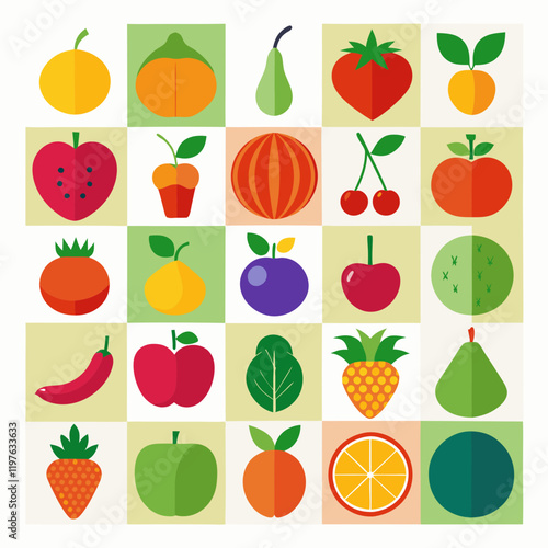 A large collection of simple, colorful fruit and vegetable icons is arranged in a grid with white background