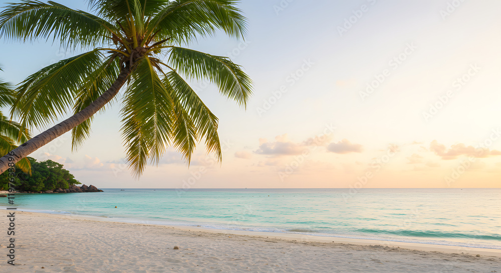 Obraz premium Beautiful beach landscape. Summer holiday and vacation concept. Inspirational tropical beach. Beach background banner. Dream travel scene. Beautiful palm tree over white sand beach