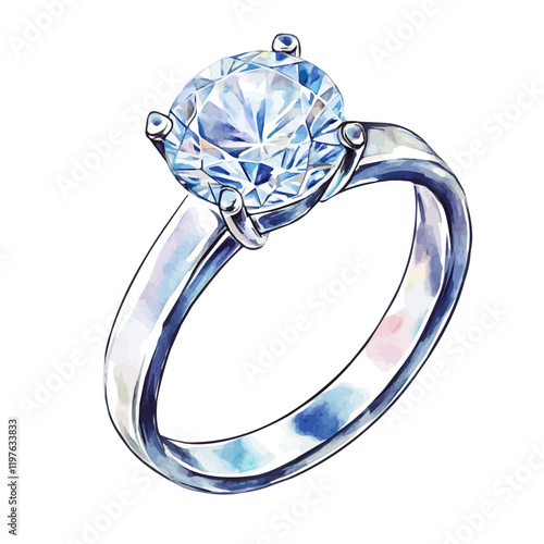 A watercolor of a modern diamond ring with an abstract design, isolated on a white background. Ring vector.
