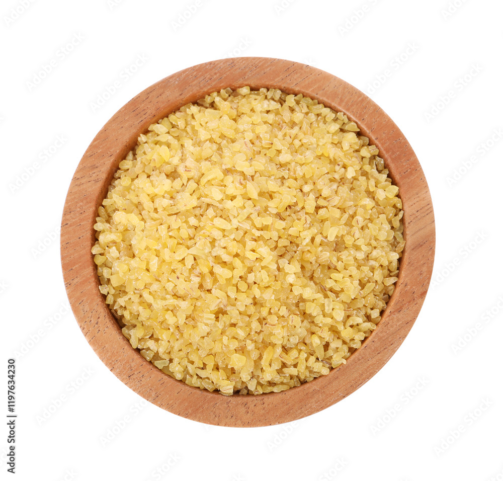 Raw bulgur in wooden bowl isolated on white, top view Raw bulgur in wooden bowl isolated on white, top view