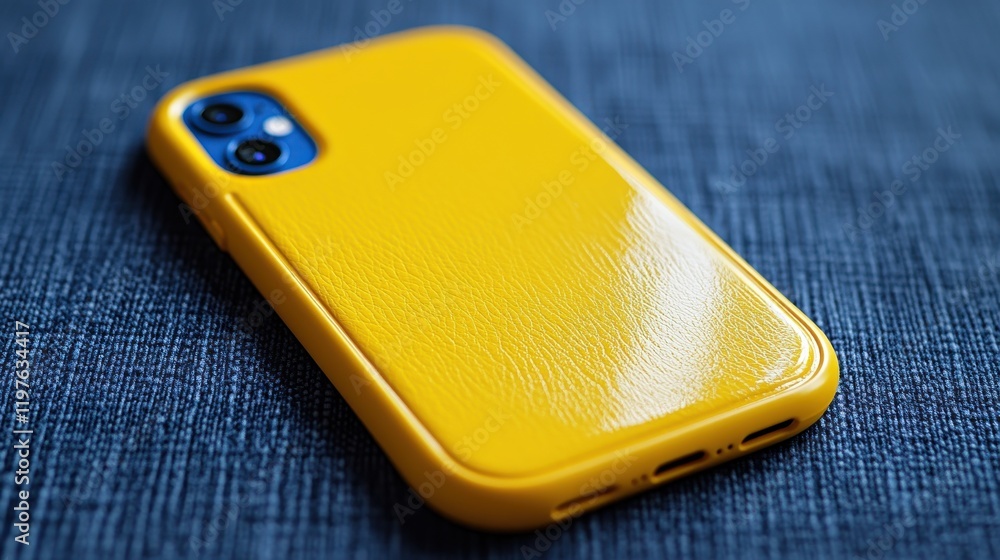 Bright Yellow Phone Case on Textured Fabric Background Bright Yellow Phone Case on Textured Fabric Background