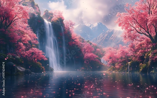 Fantasy Waterfall Blooming Flowers Mountain Lake