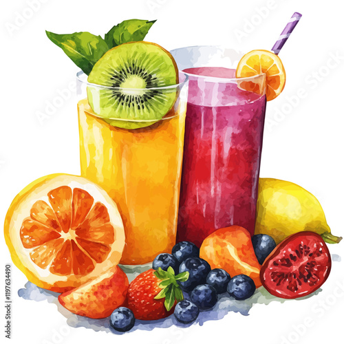 A watercolor of mixed fruit juice, isolated on a white background. Juice vector.

