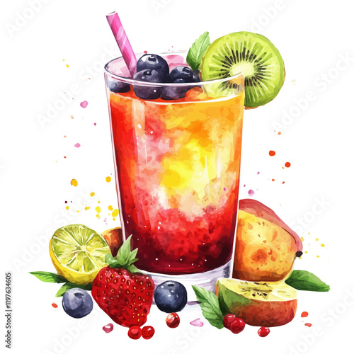 A watercolor of mixed fruit juice, isolated on a white background. Juice vector.
