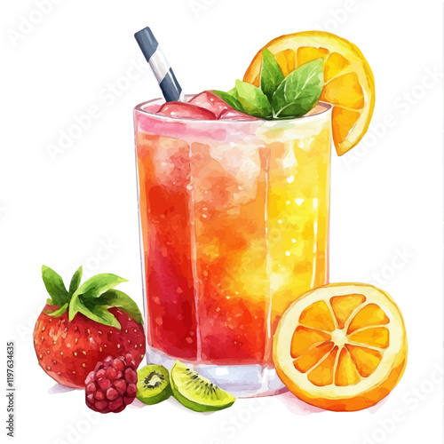 A watercolor of mixed fruit juice, isolated on a white background. Juice vector.
