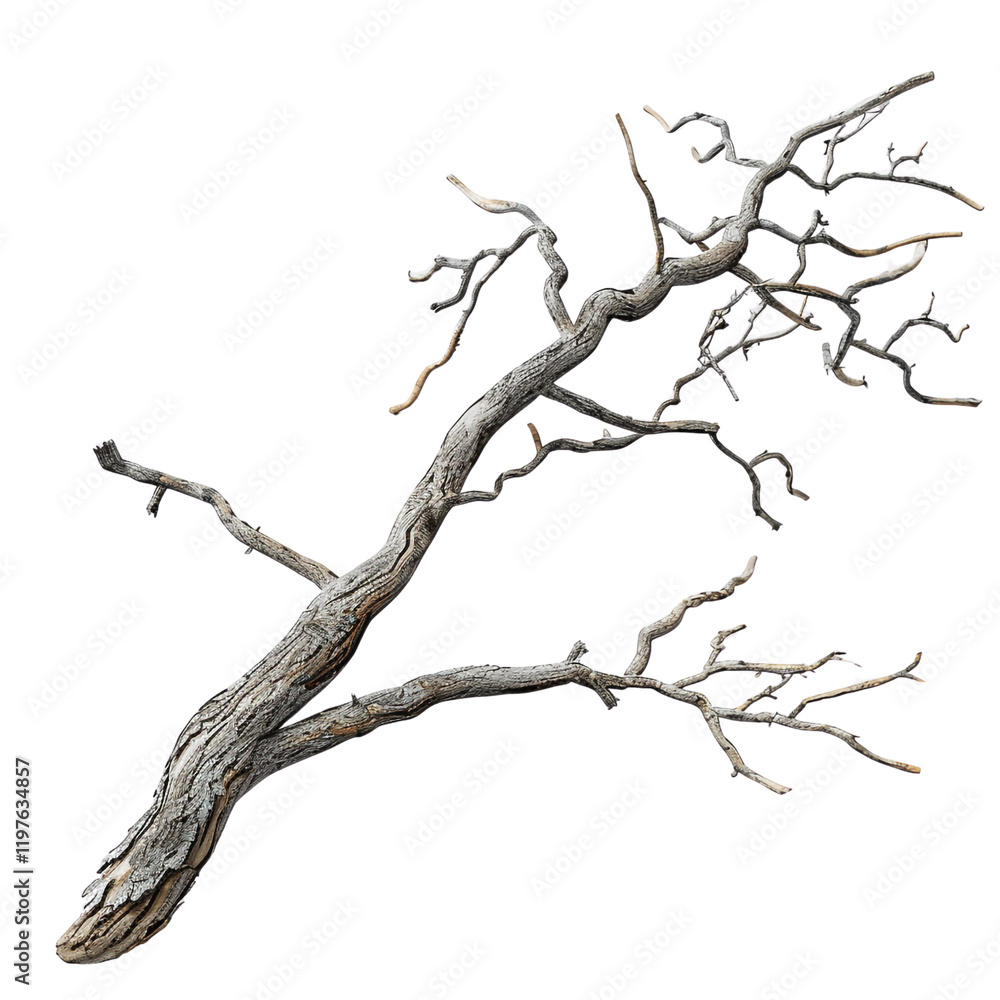 Fototapeta premium A gnarled and weathered dead tree branch isolated on a transparent background perfect for design projects or Halloween decorations nature art wood texture rustic element