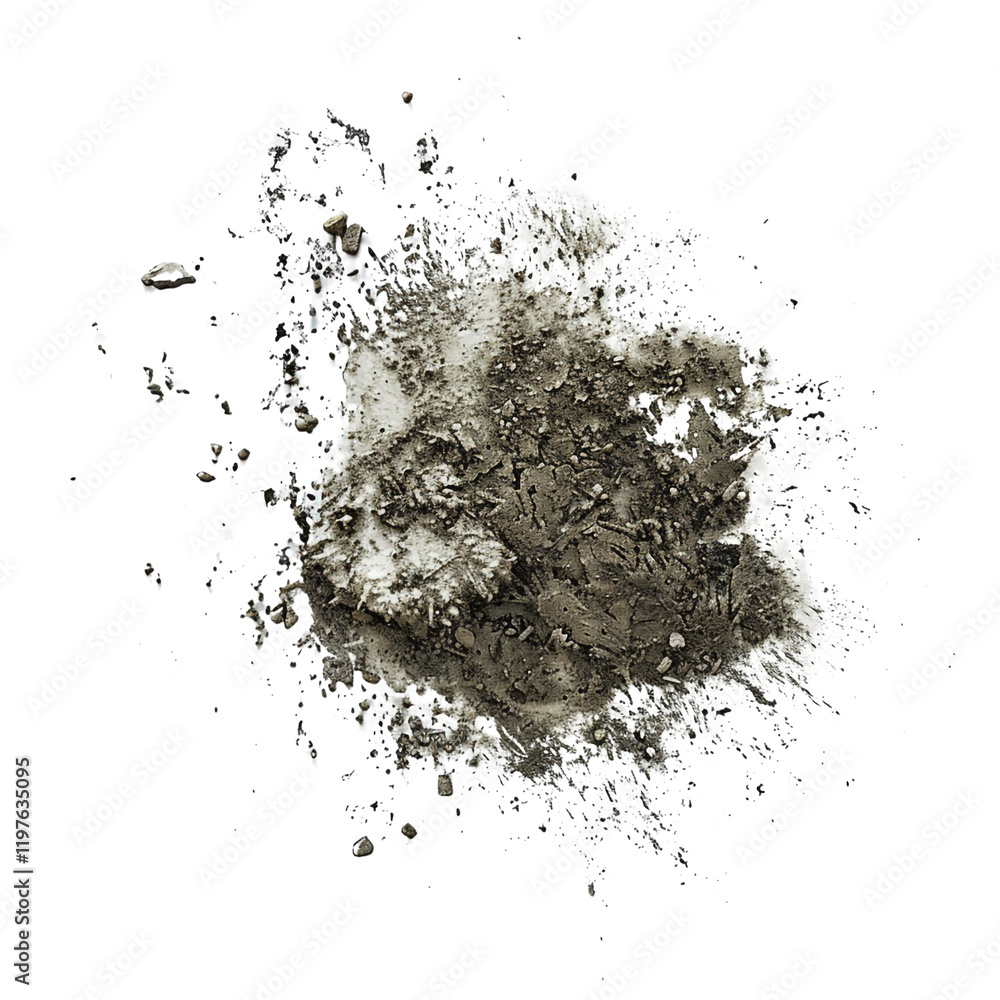Obraz premium Dark gray mud splatter texture isolated on white background with small rocks and debris showing a grunge effect ideal for design elements and backgrounds