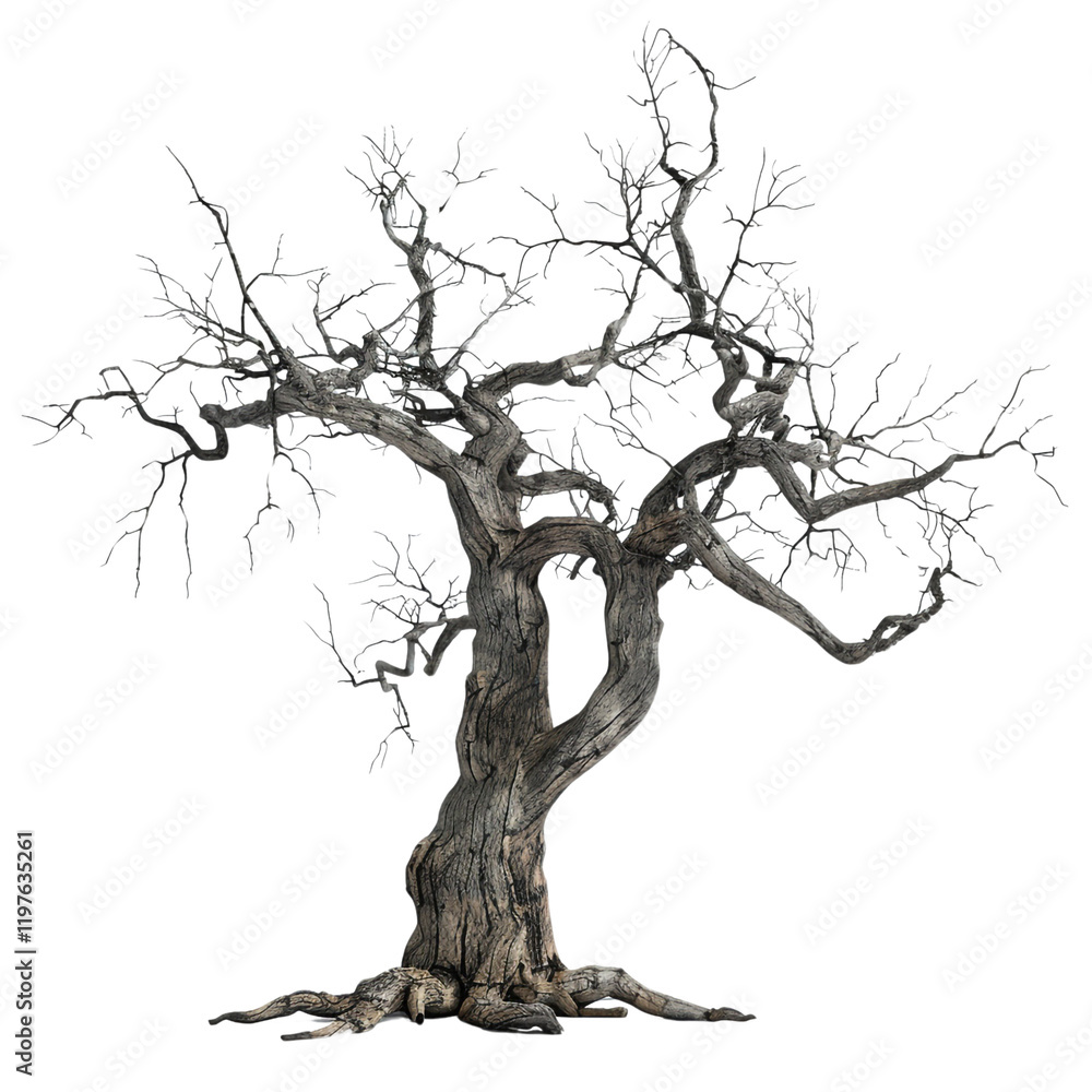 Fototapeta premium A gnarled dead tree stands alone its branches reaching skyward a spooky silhouette against a transparent background perfect for Halloween or gothic designs