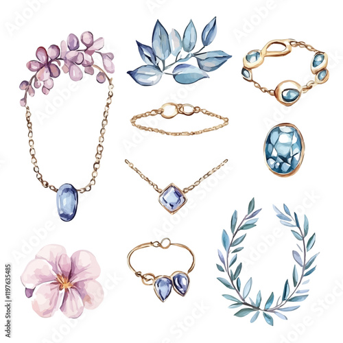 A watercolor clipart of a minimalist jewelry set, isolated on a white background. Jewelry vector.
