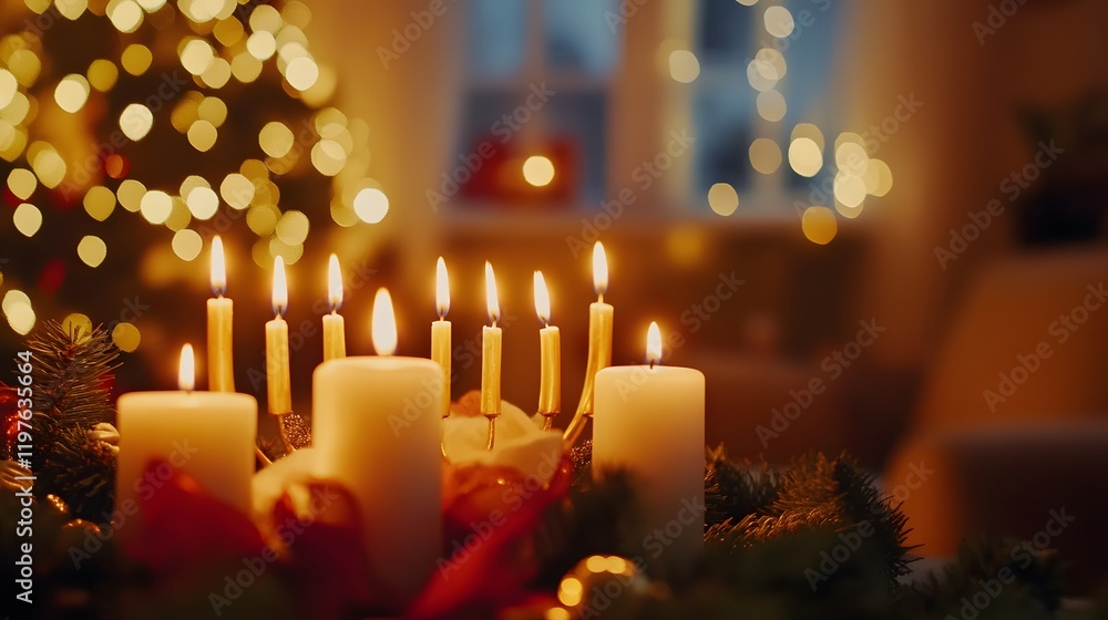 Cozy Christmas scene with a candle arrangement on a table, surrounded by evergreen branches. A blurred Christmas tree and warm lights create a festive atmosphere. Cozy Christmas scene with a candle arrangement on a table, surrounded by evergreen branches. A blurred Christmas tree and warm lights create a festive atmosphere.